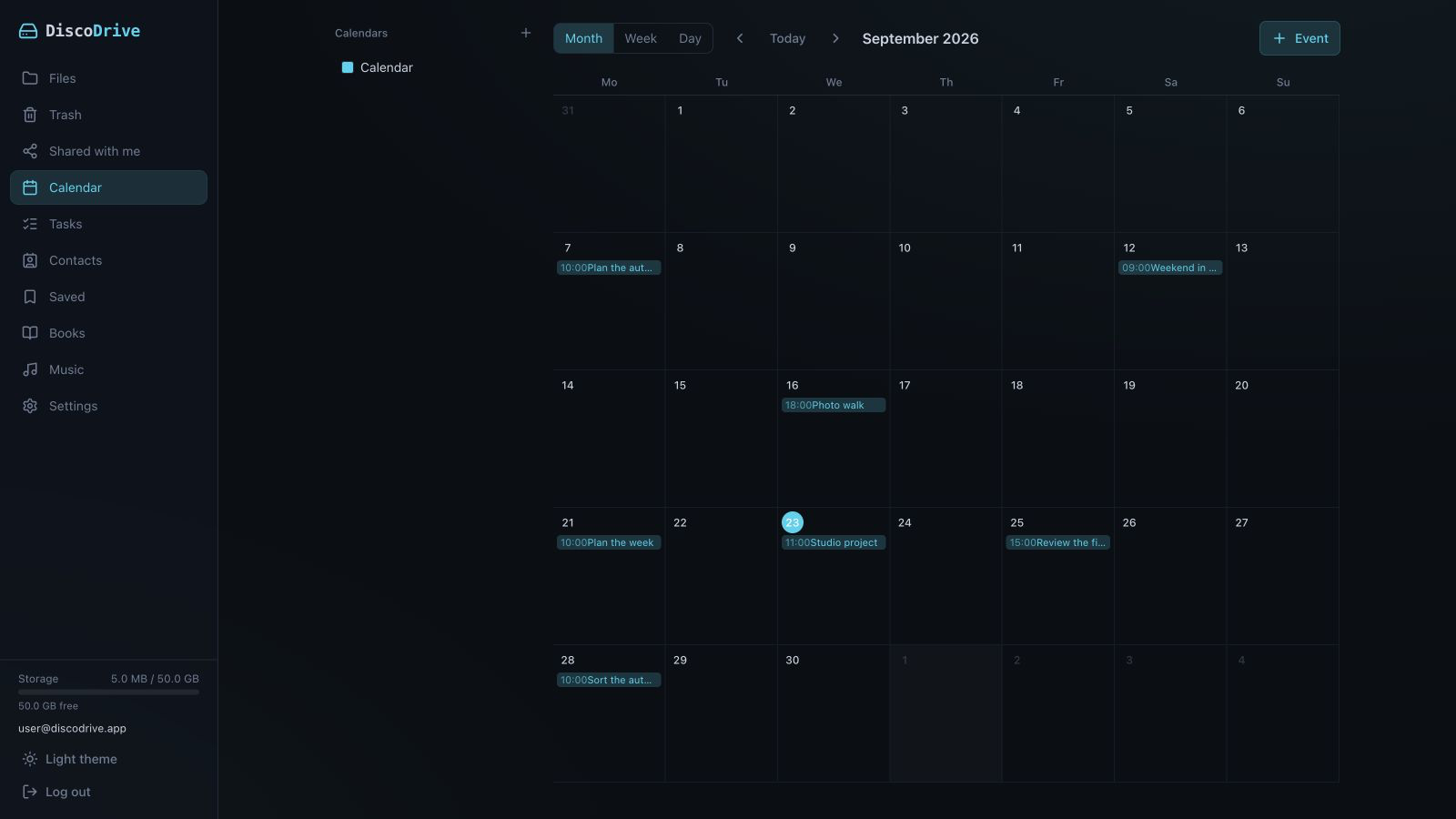 DiscoDrive calendar with demonstration events.