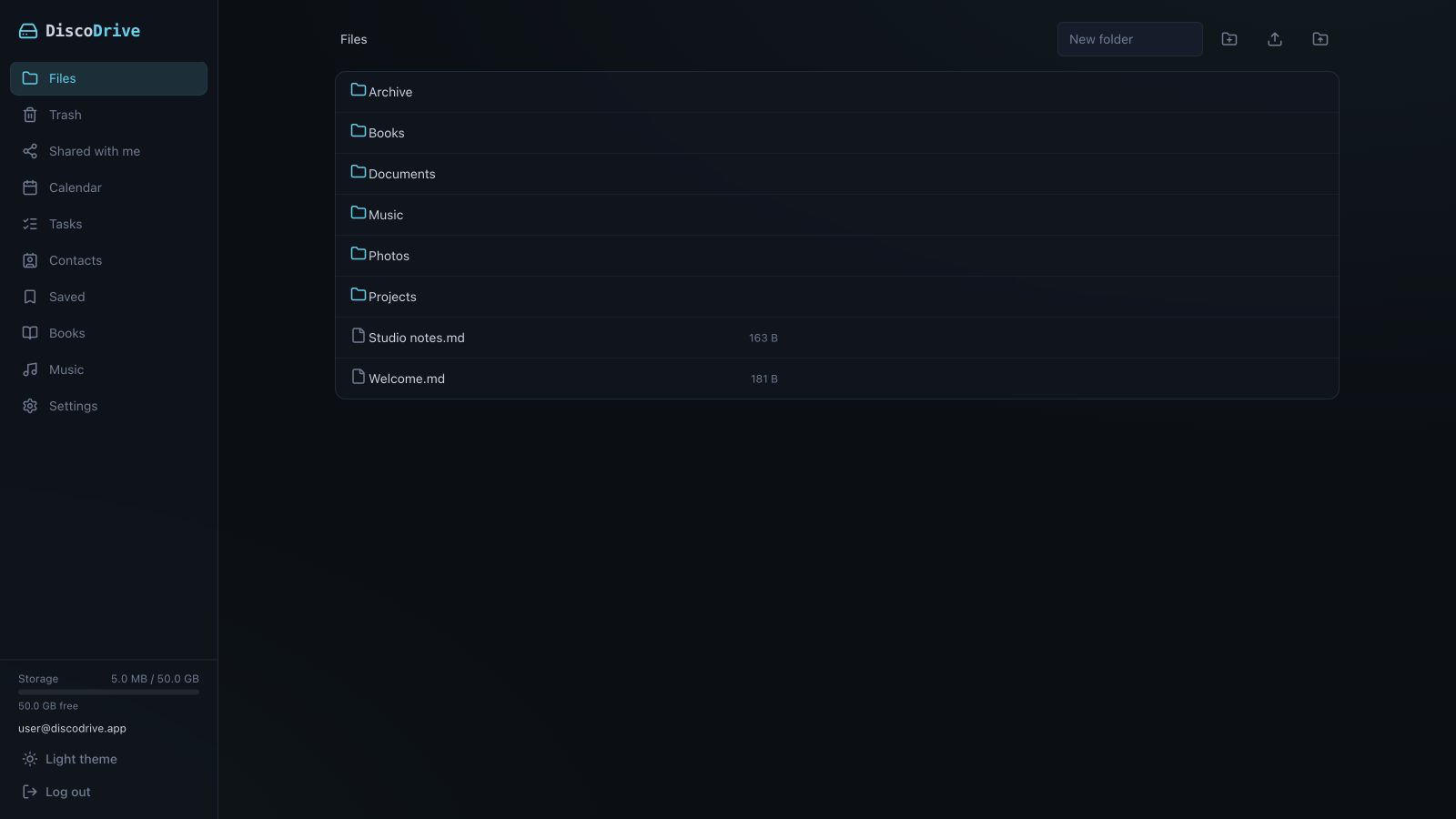 DiscoDrive with demonstration folders and documents.