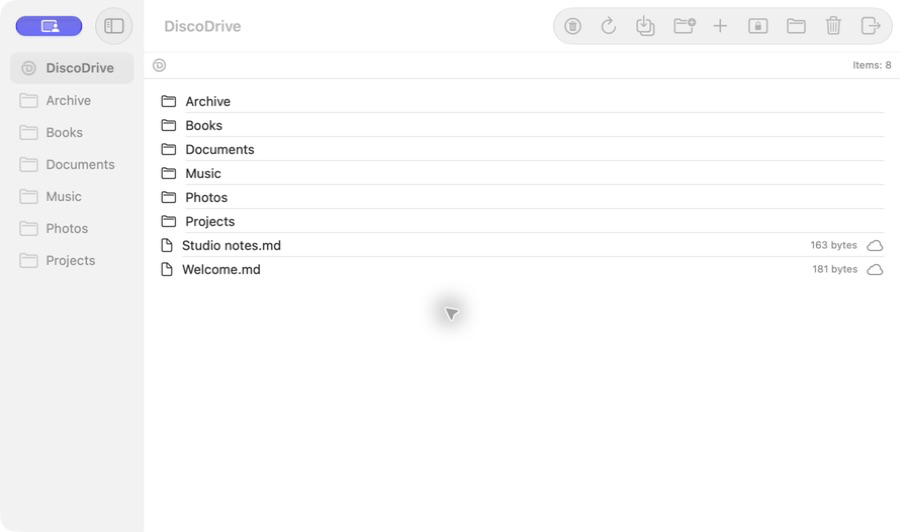 The native DiscoDrive Mac app with demonstration folders.